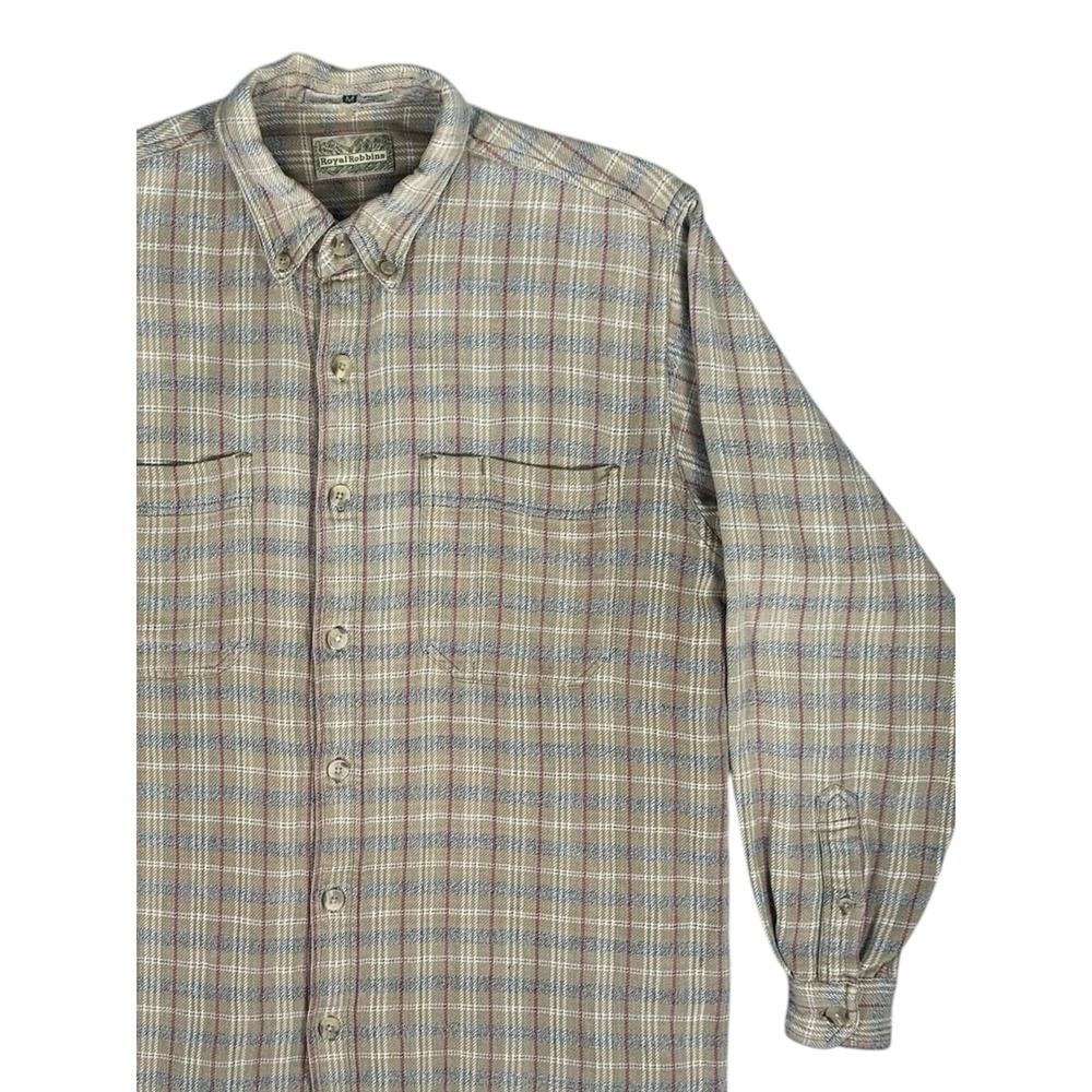 Royal Robbins Flannel Shirt Mens Size Medium Tan Blue Plaid Button Down Hiking